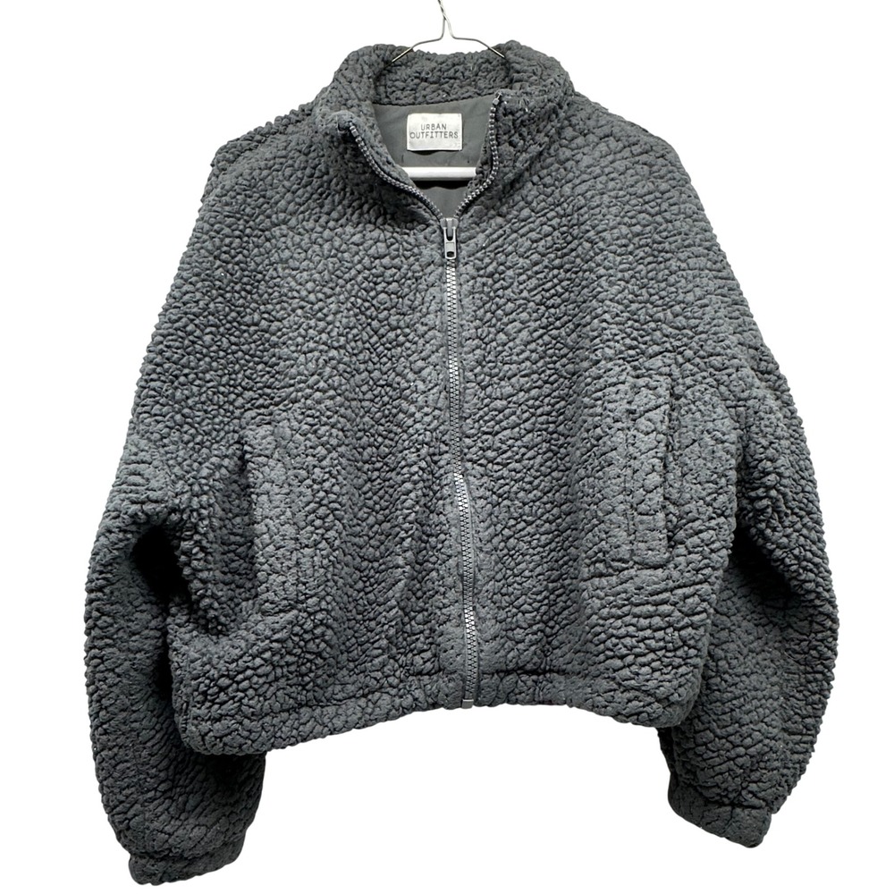 Urban‎ Outfitters Gray Sherpa Fleece Zip Up Jacket Women's Cropped Oversized